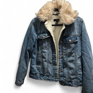 Forever 21 Blue Denim Jacket with Cream Faux Fur Collar